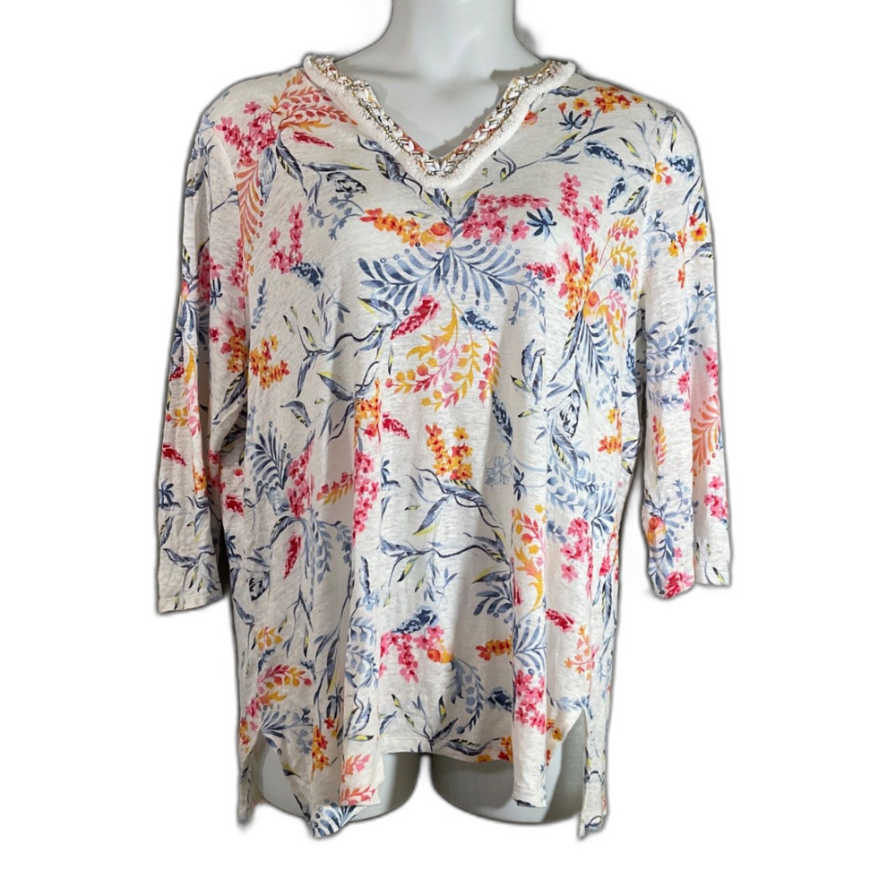 Chico's Floral Embellished Linen Tunic Top 3/4 Sleeve Size 3 US XL Multicolor